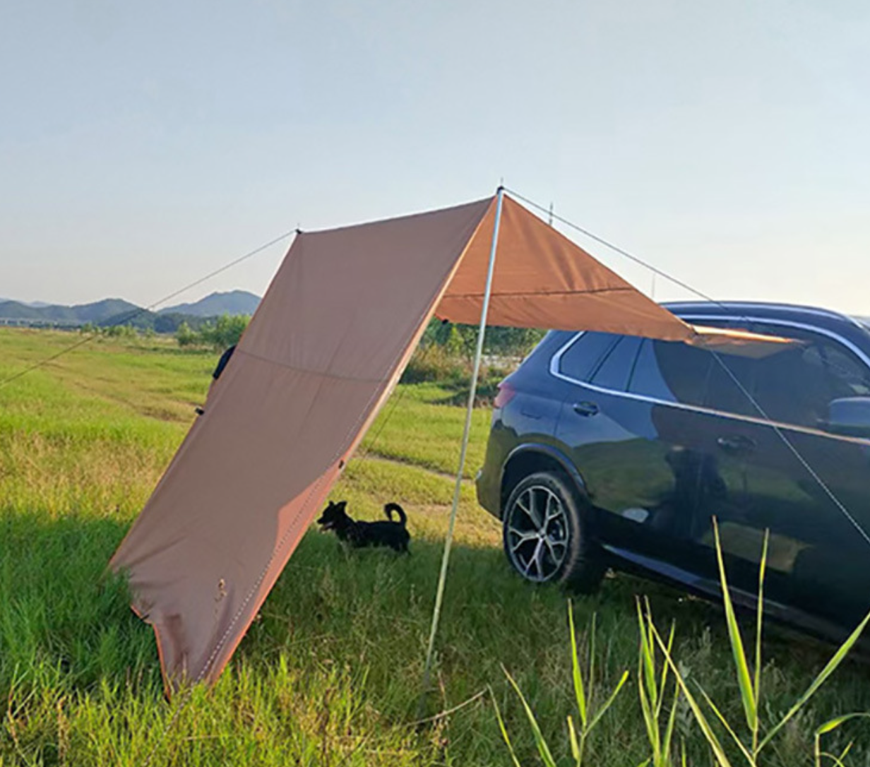 Silver-coated car awning tent for outdoor camping.